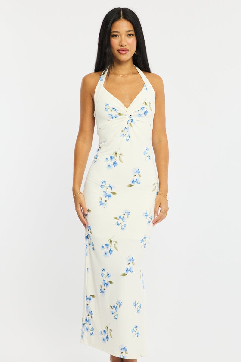 White Floral Bodycon Dress Halter Neck
