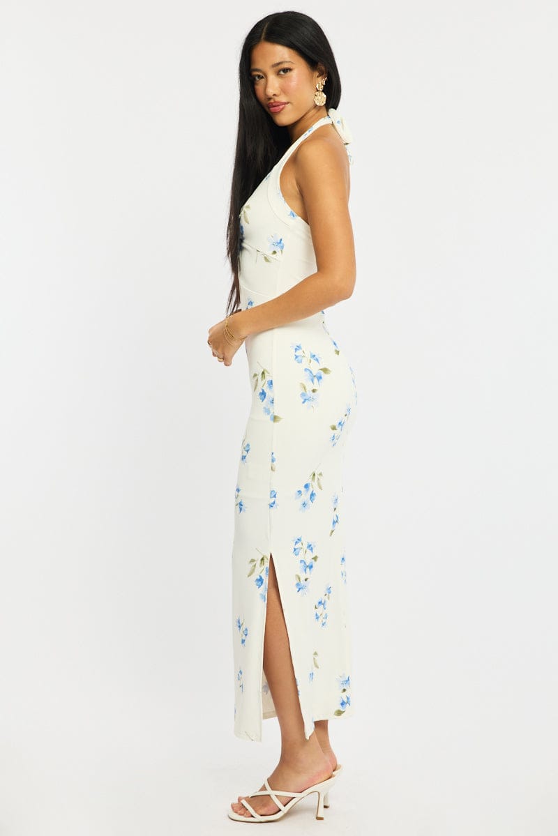 White Floral Bodycon Dress Halter Neck