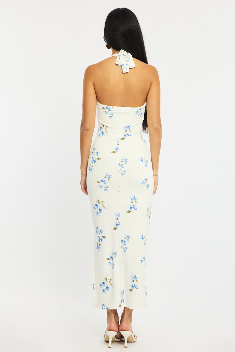 White Floral Bodycon Dress Halter Neck