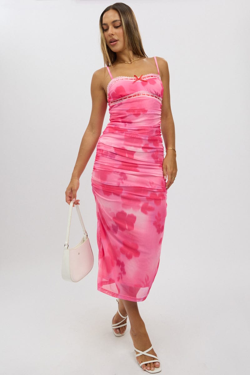Pink Floral Bodycon Dress Tank Top Mesh Midi