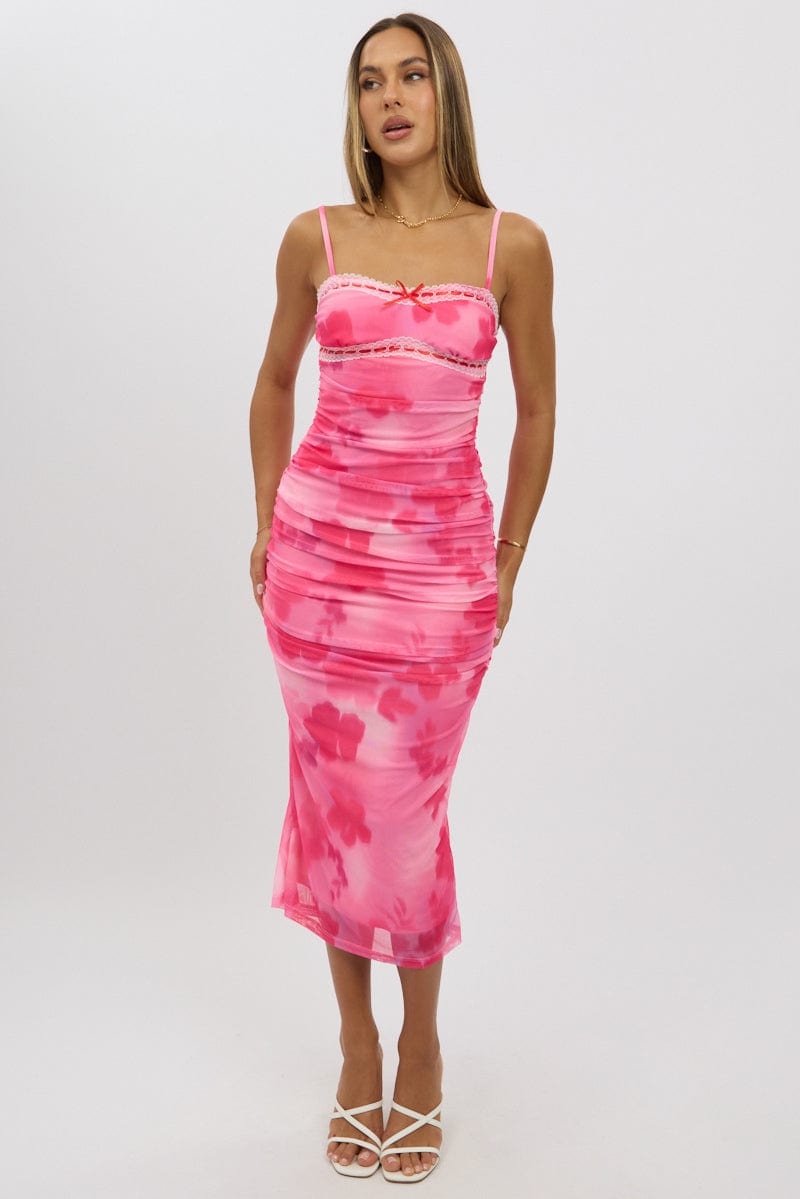 Pink Floral Bodycon Dress Tank Top Mesh Midi