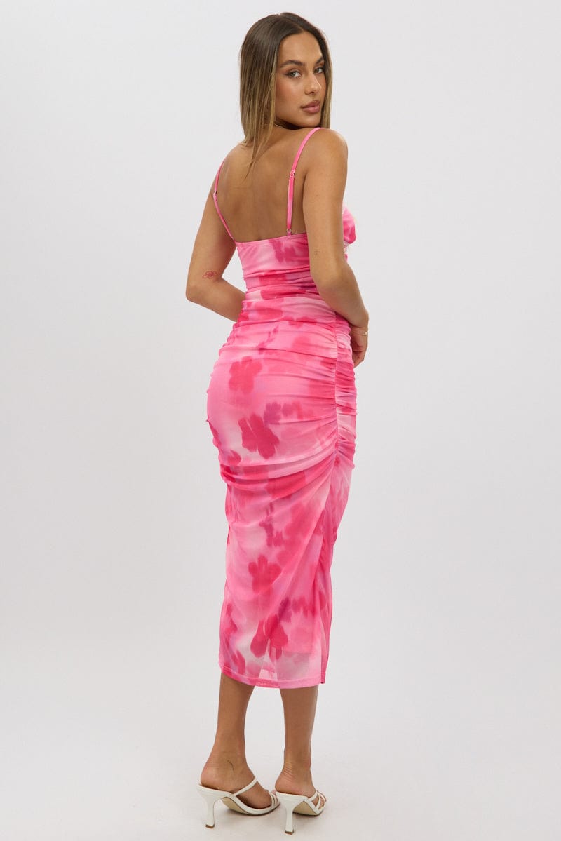 Pink Floral Bodycon Dress Tank Top Mesh Midi