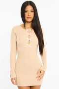Beige Knit Dress Long Sleeve Mini