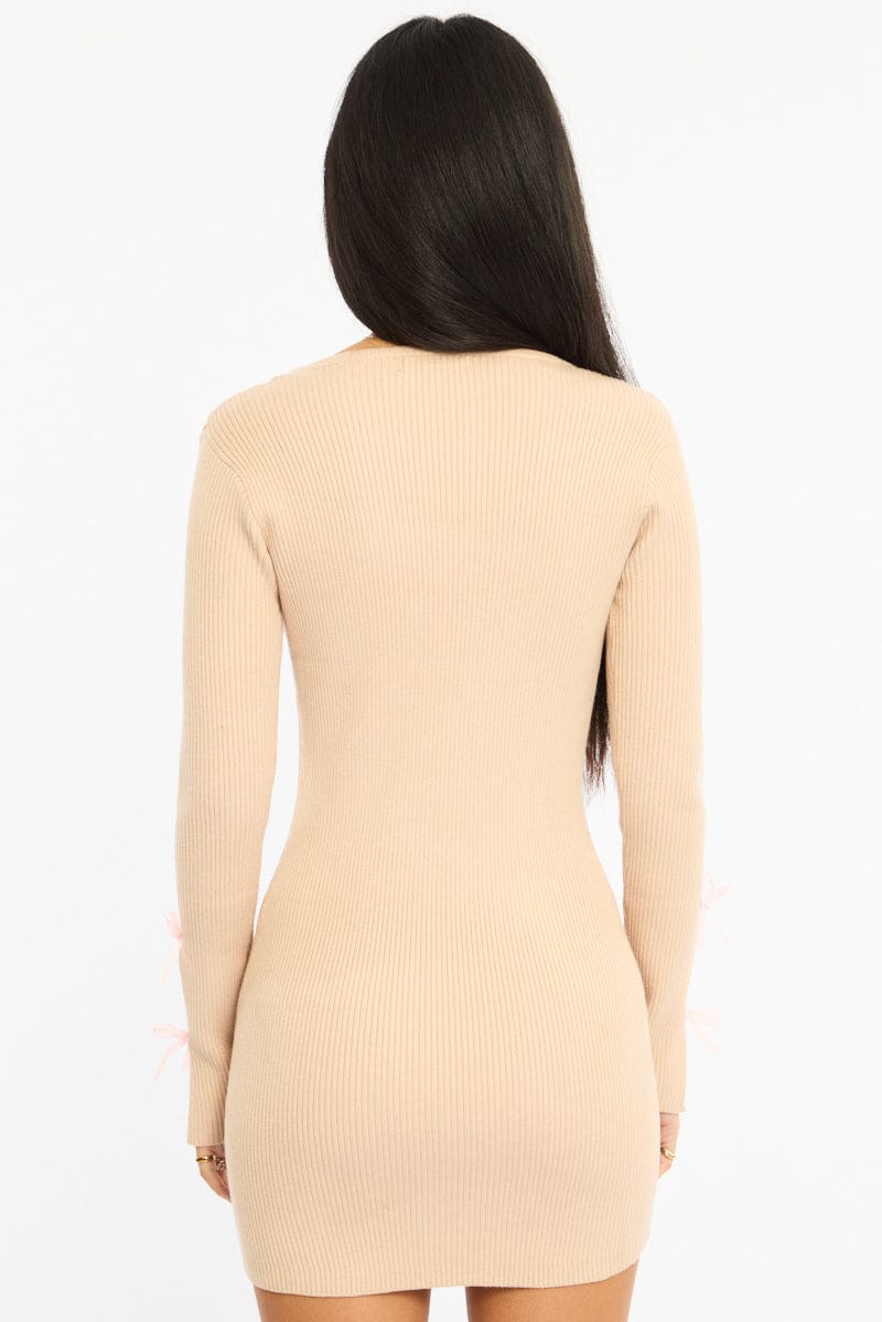 Beige Knit Dress Long Sleeve Mini