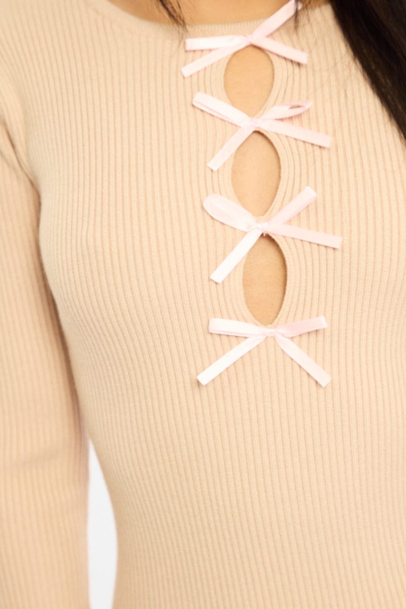 Beige Knit Dress Long Sleeve Mini
