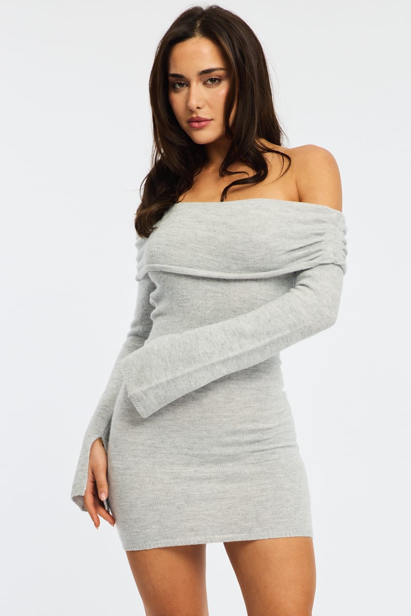 Grey Knit Dress Off Shoulder