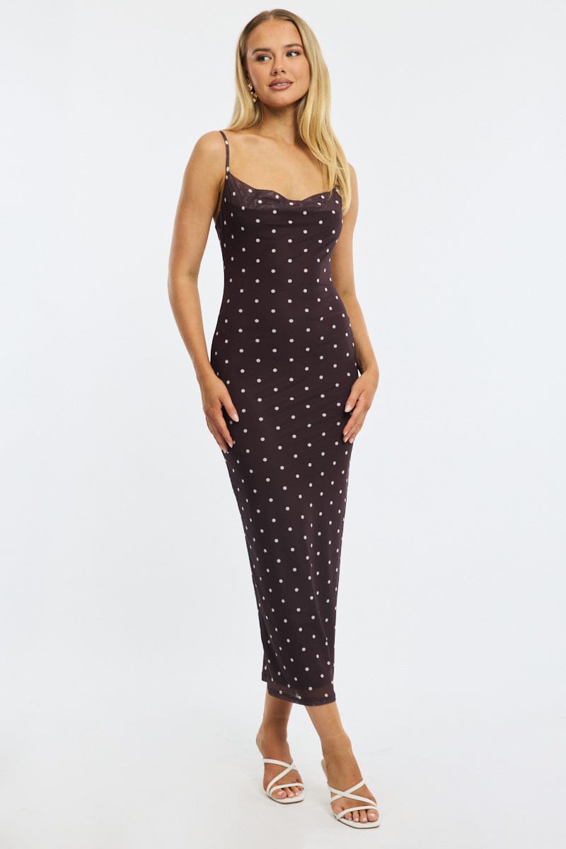 Brown Polka Dot Bodycon Dress Polka Dot Cowl