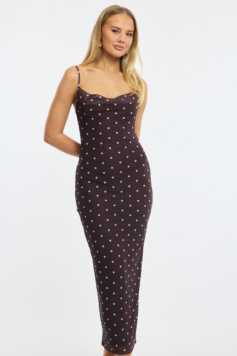 Brown Polka Dot Bodycon Dress Polka Dot Cowl