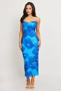 Blue Floral Bodycon Dress Cowl Neck Maxi