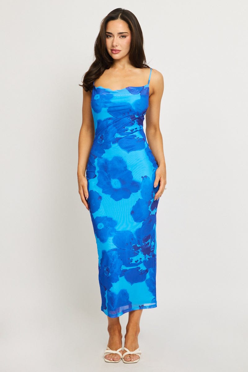 Blue Floral Bodycon Dress Cowl Neck Maxi