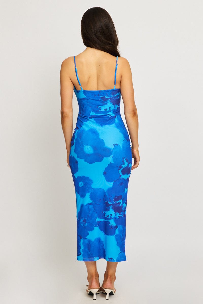 Blue Floral Bodycon Dress Cowl Neck Maxi