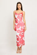 Red Floral Bodycon Dress Cowl Neck Maxi