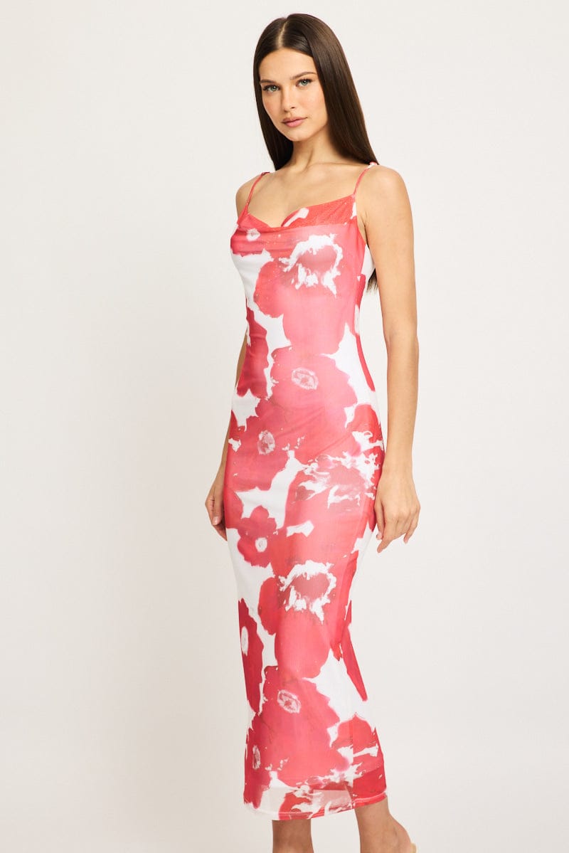Red Floral Bodycon Dress Cowl Neck Maxi