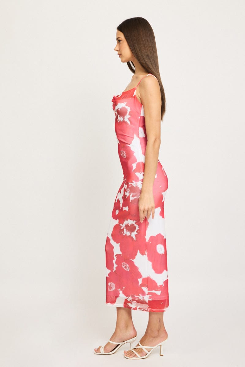 Red Floral Bodycon Dress Cowl Neck Maxi