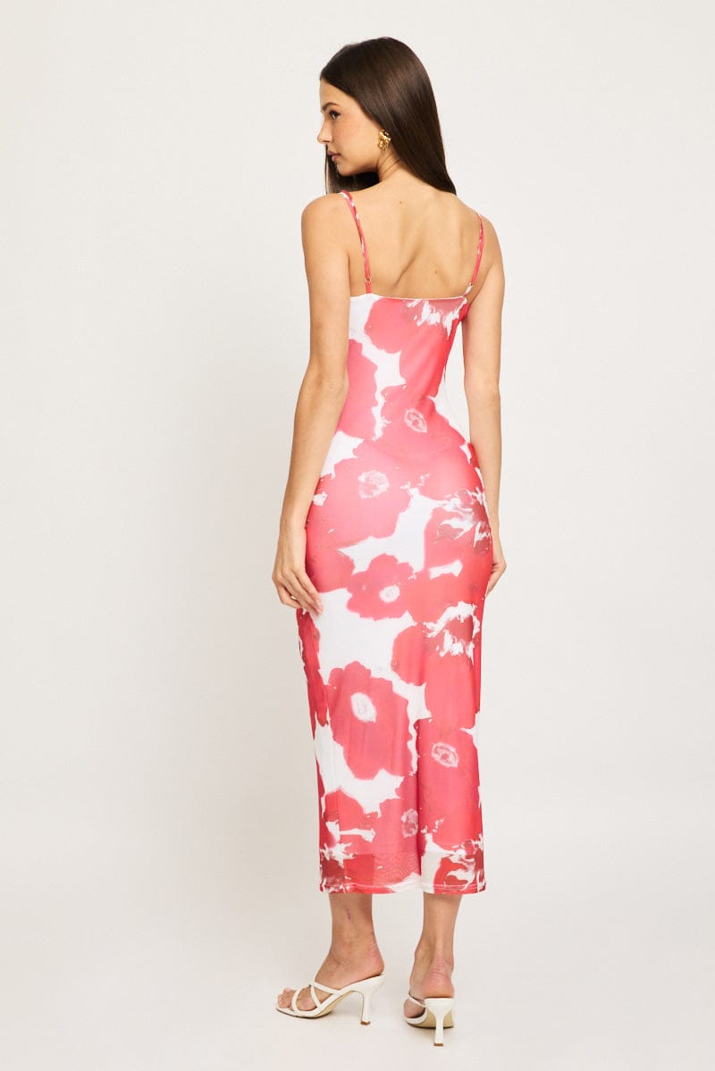 Red Floral Bodycon Dress Cowl Neck Maxi