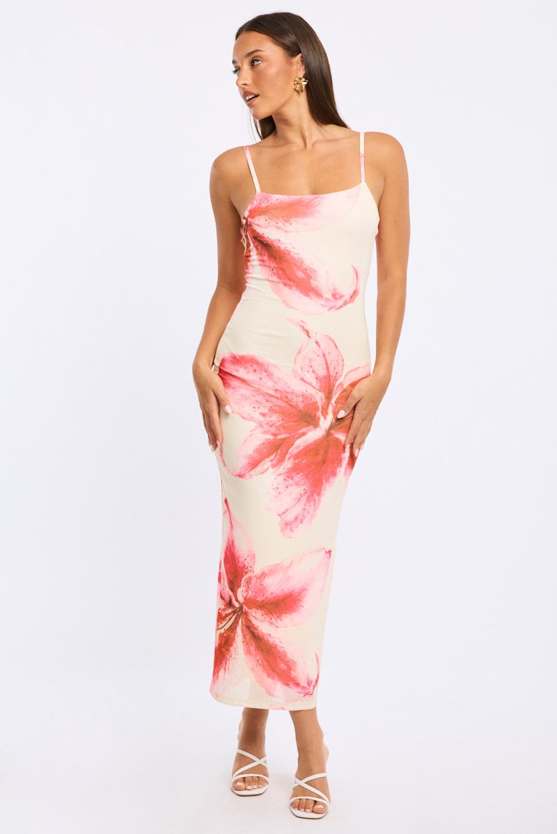 Yellow Floral Bodycon Dress Mesh