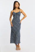 Blue Ditsy Midi Dress Gathering Bust Sleeveless