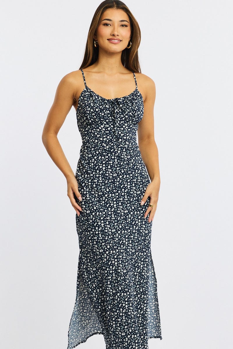 Blue Ditsy Midi Dress Gathering Bust Sleeveless