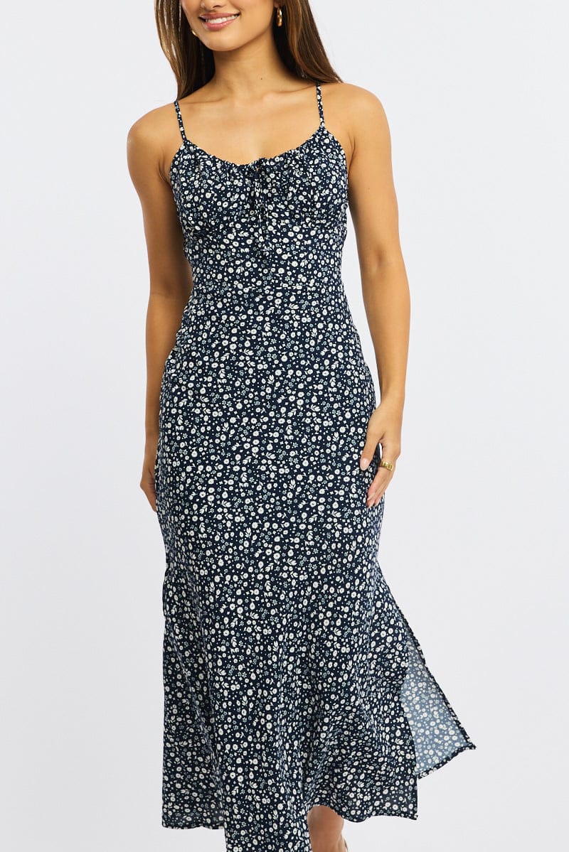Blue Ditsy Midi Dress Gathering Bust Sleeveless
