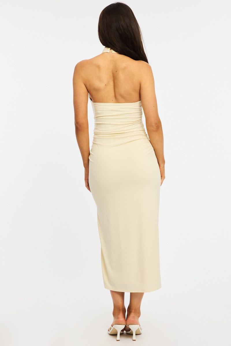 Yellow Bodycon Dress High Neck Side Ruched