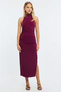 Red Bodycon Dress High Neck Side Ruched