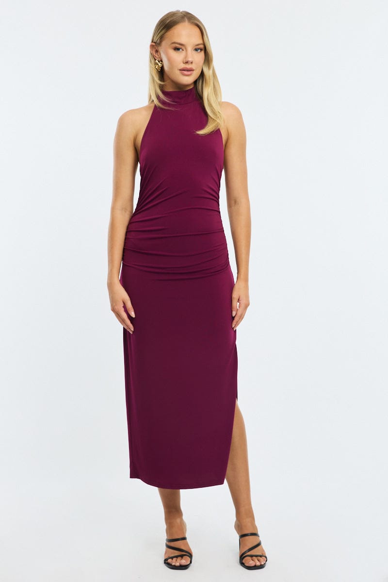 Red Bodycon Dress High Neck Side Ruched