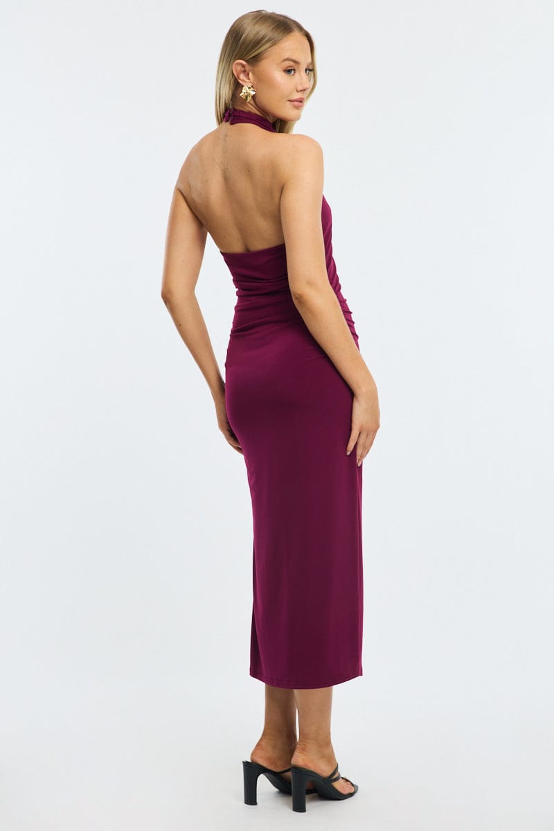 Red Bodycon Dress High Neck Side Ruched