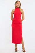 Red Bodycon Dress High Neck Side Ruched
