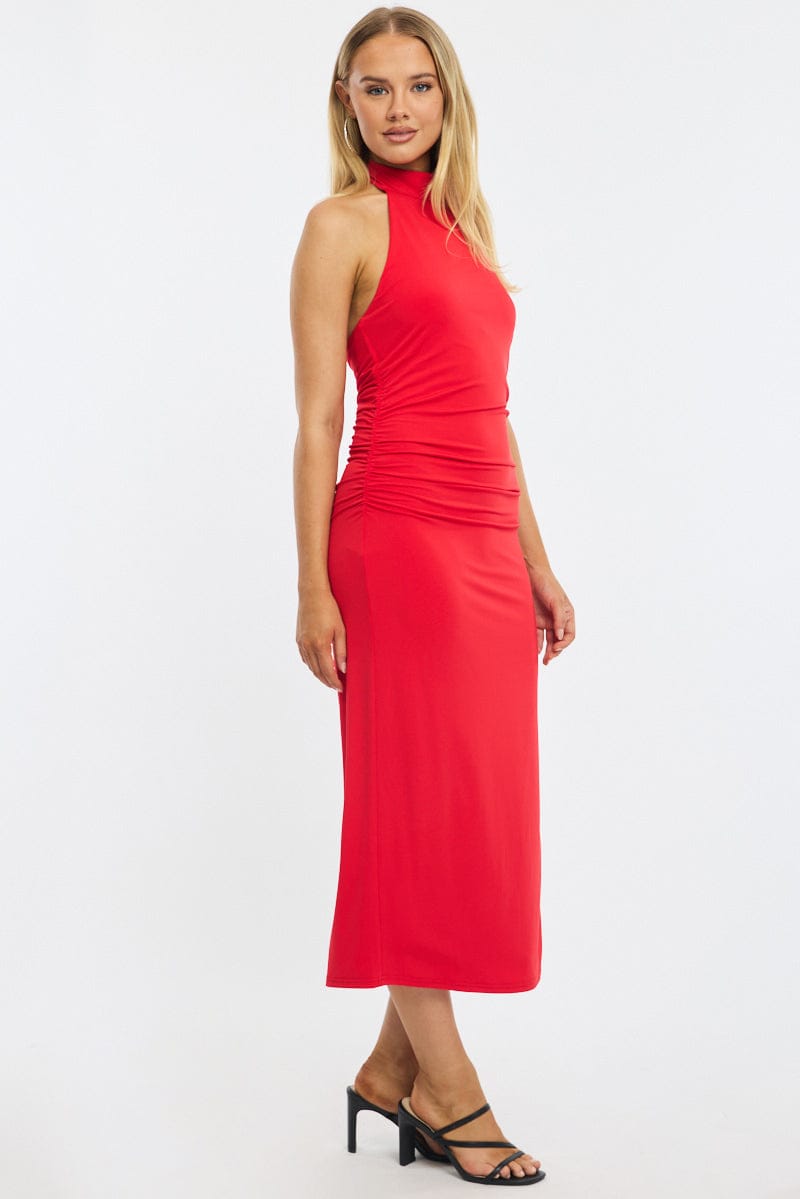 Red Bodycon Dress High Neck Side Ruched