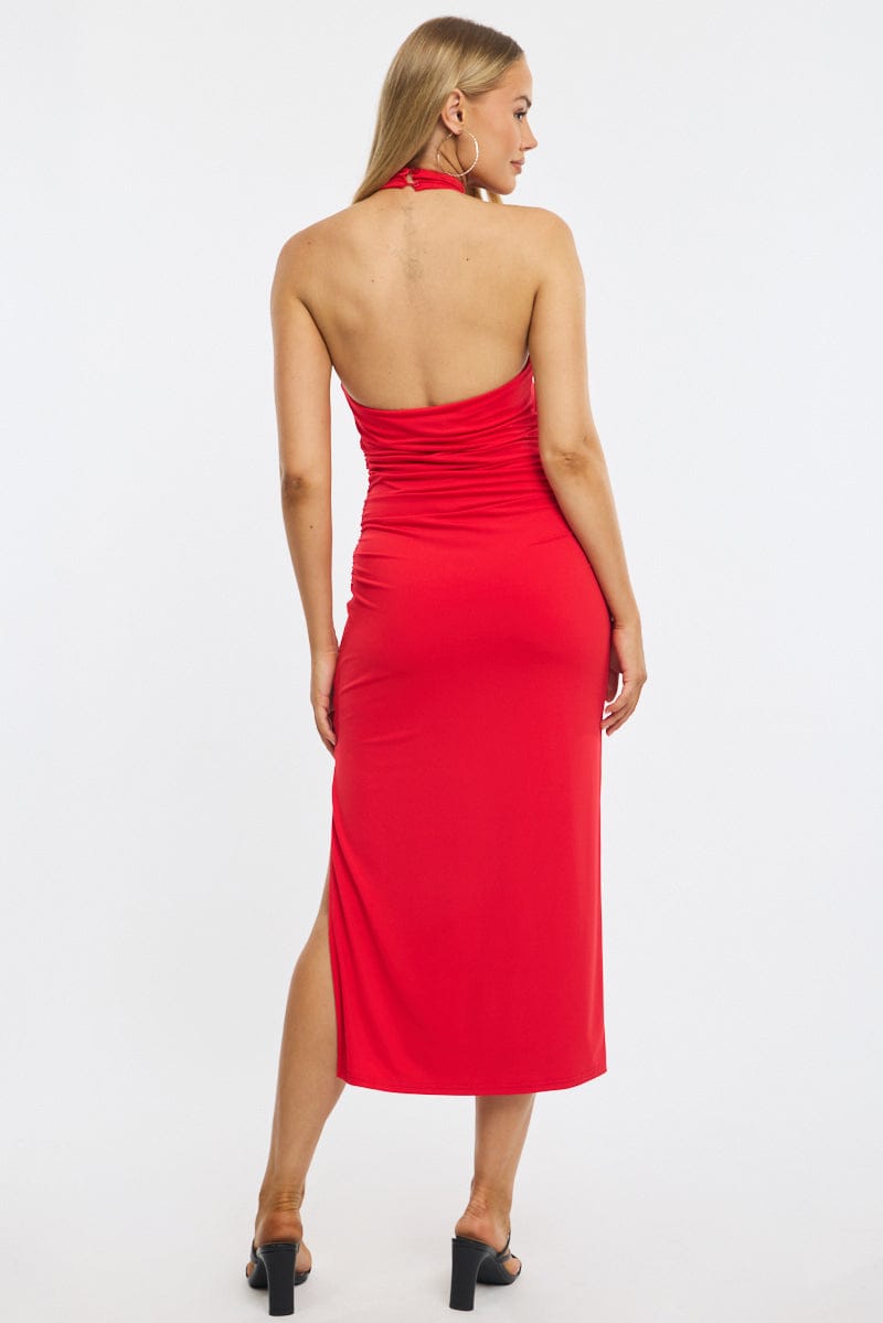 Red Bodycon Dress High Neck Side Ruched