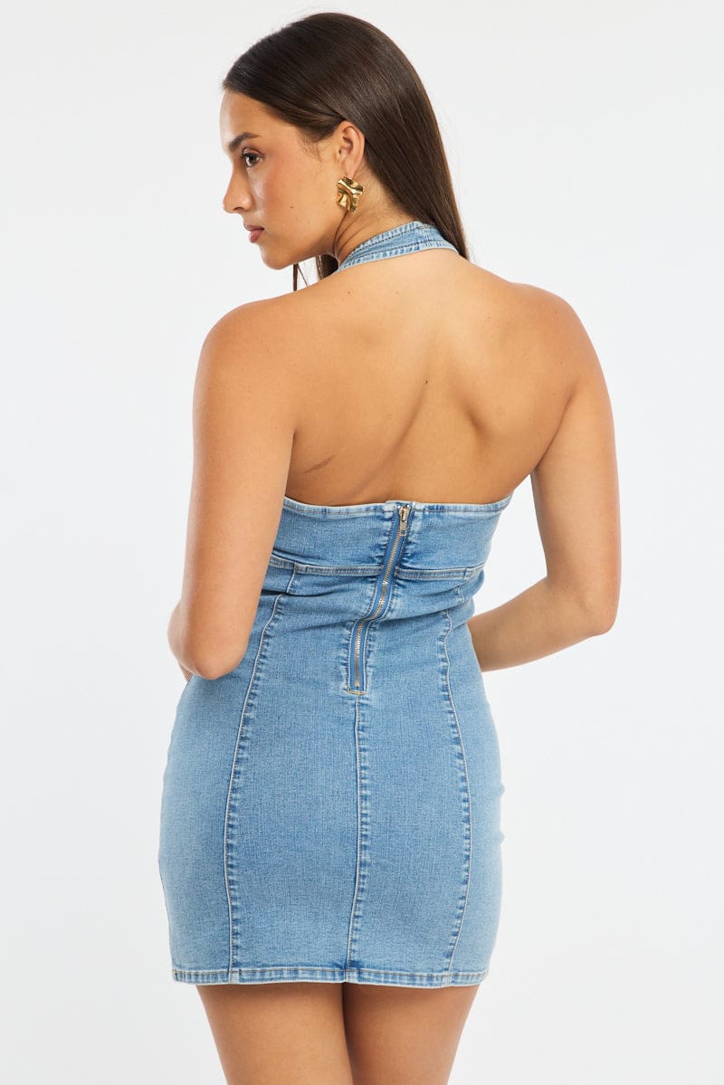 Denim Bodycon Dress Halter Neck Mini