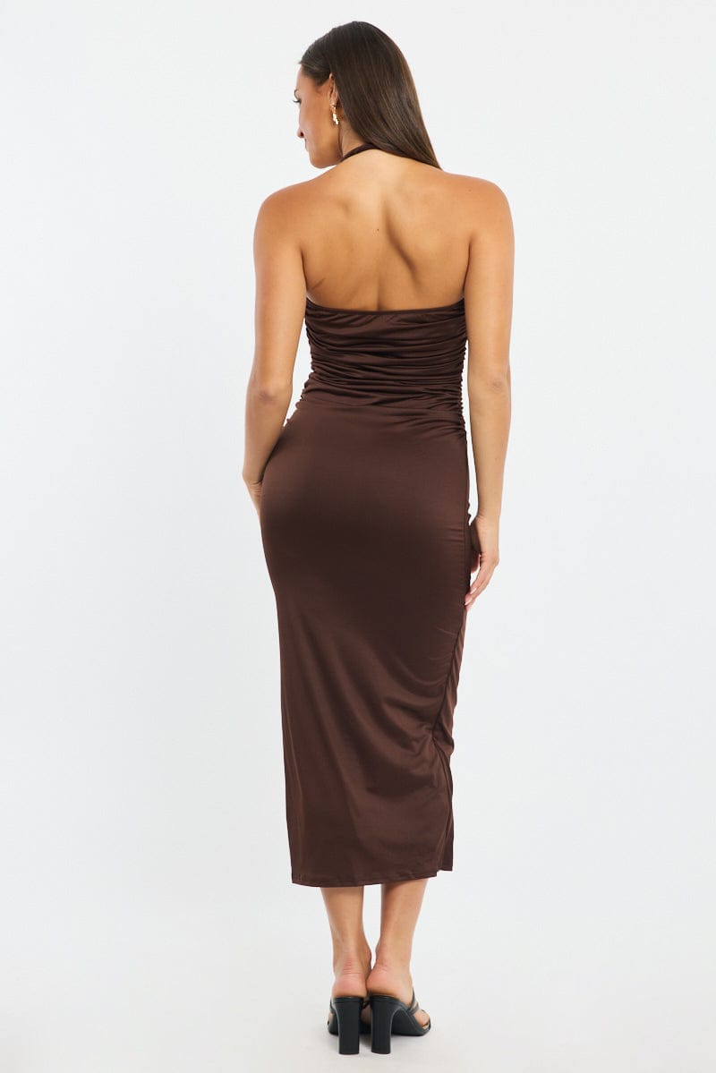 Brown Bodycon Dress Halter Neck