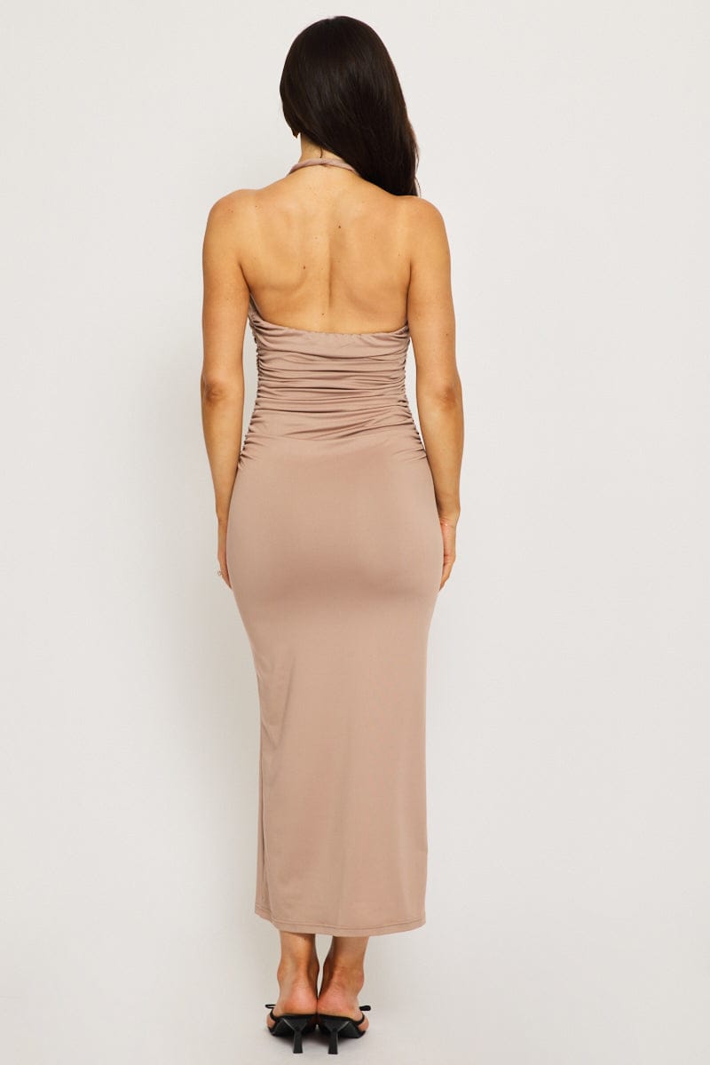 Beige Bodycon Dress Halter Neck
