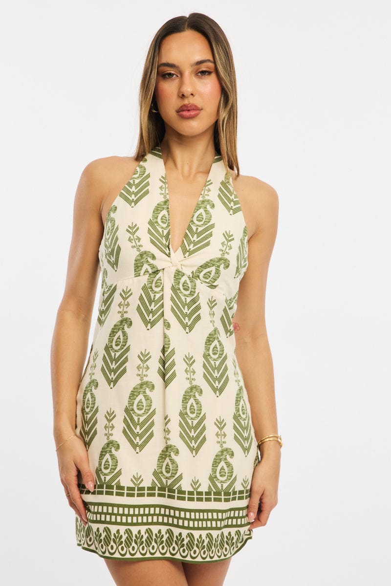 Green Abstract Halter Neck Dress Mini