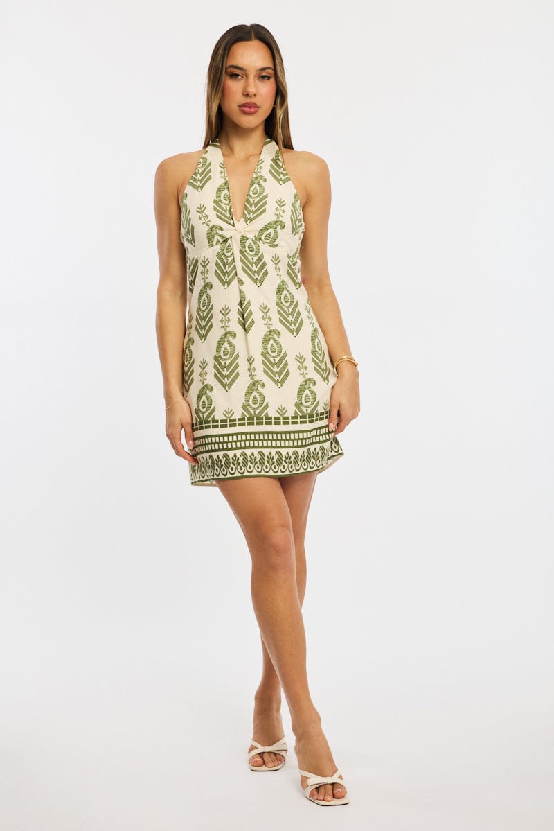 Green Abstract Halter Neck Dress Mini