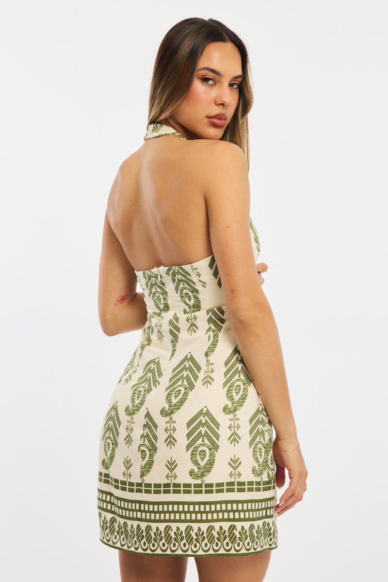Green Abstract Halter Neck Dress Mini
