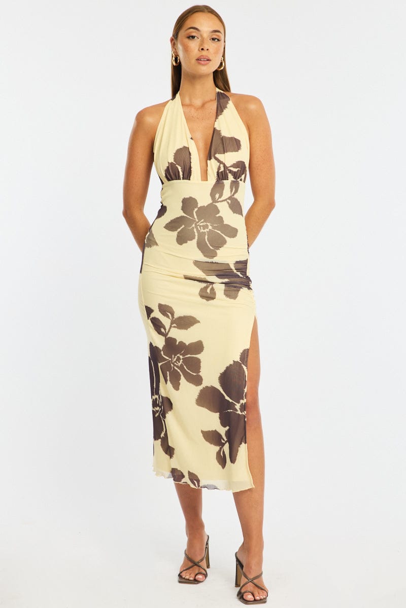 Yellow Floral Bodycon Dress Mesh