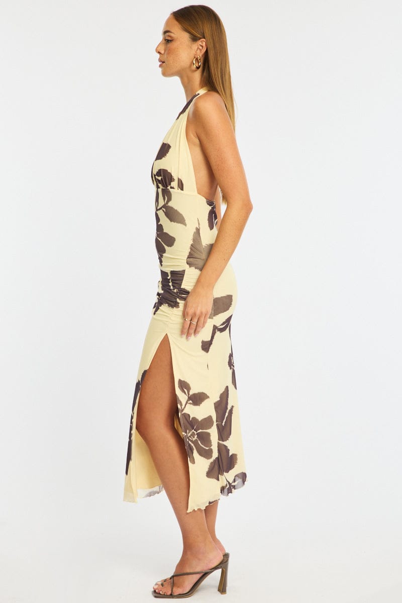 Yellow Floral Bodycon Dress Mesh