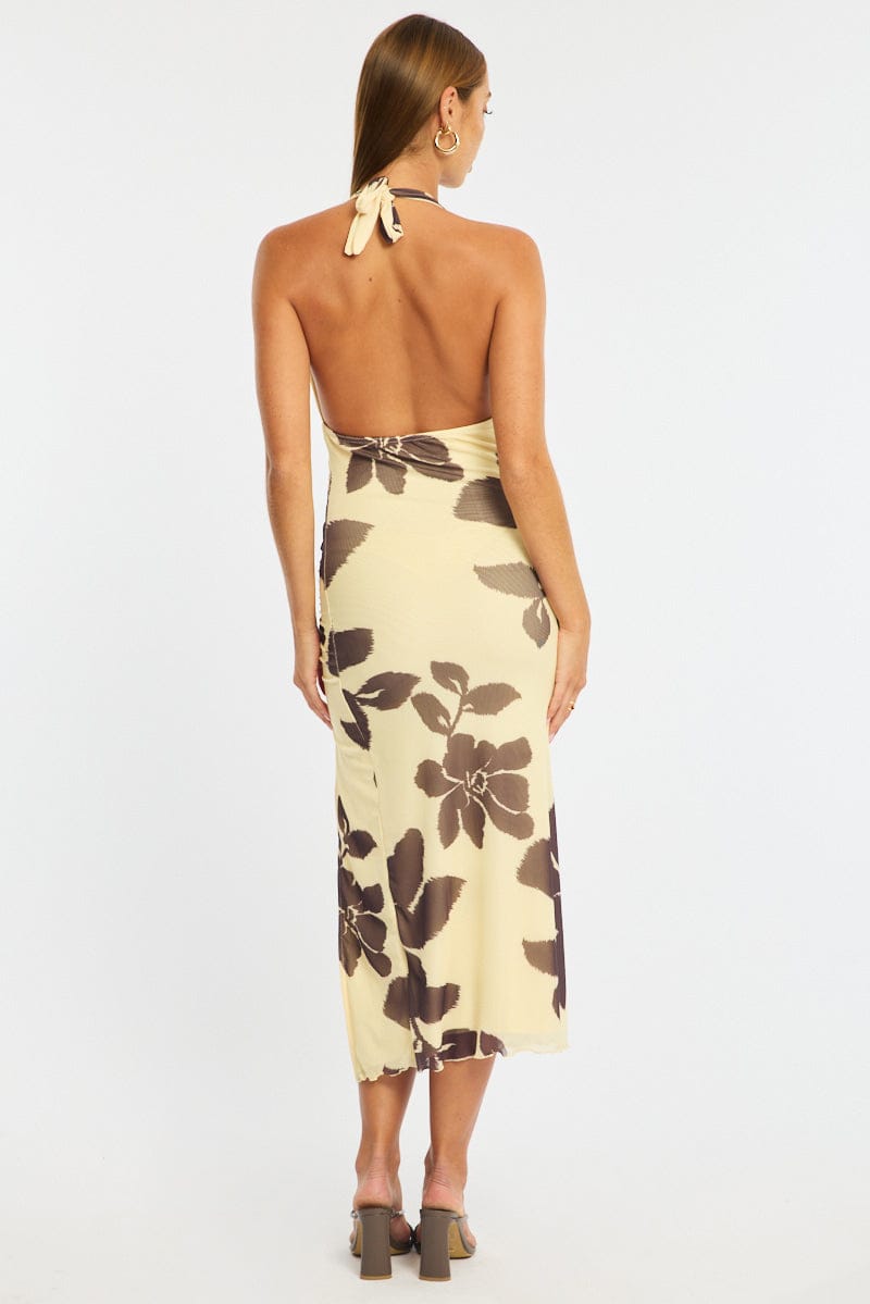 Yellow Floral Bodycon Dress Mesh