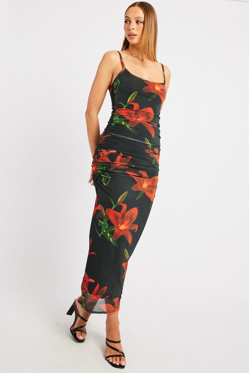 Black Floral Bodycon Dress Tank Top Mesh
