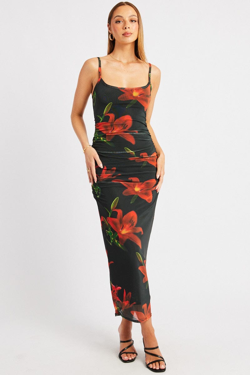 Black Floral Bodycon Dress Tank Top Mesh