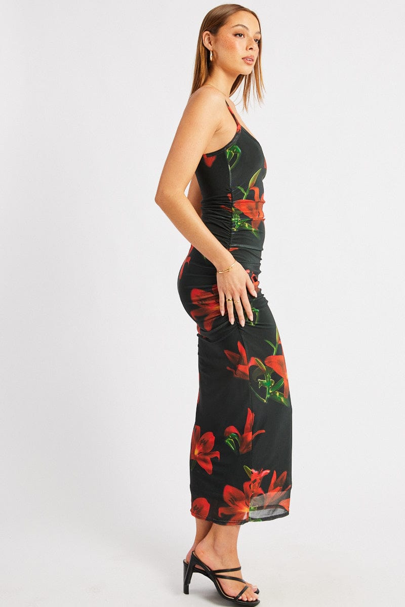 Black Floral Bodycon Dress Tank Top Mesh