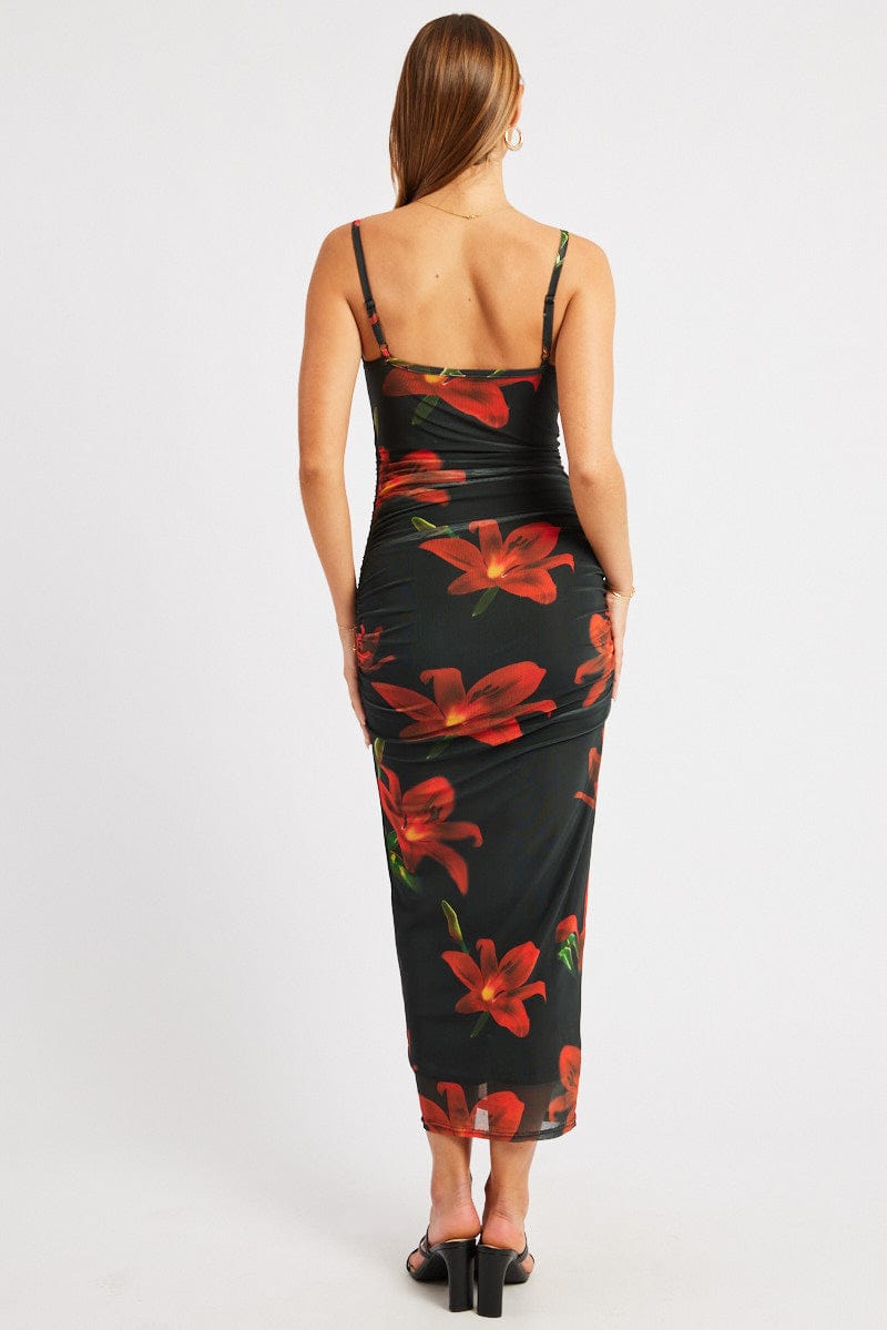 Black Floral Bodycon Dress Tank Top Mesh