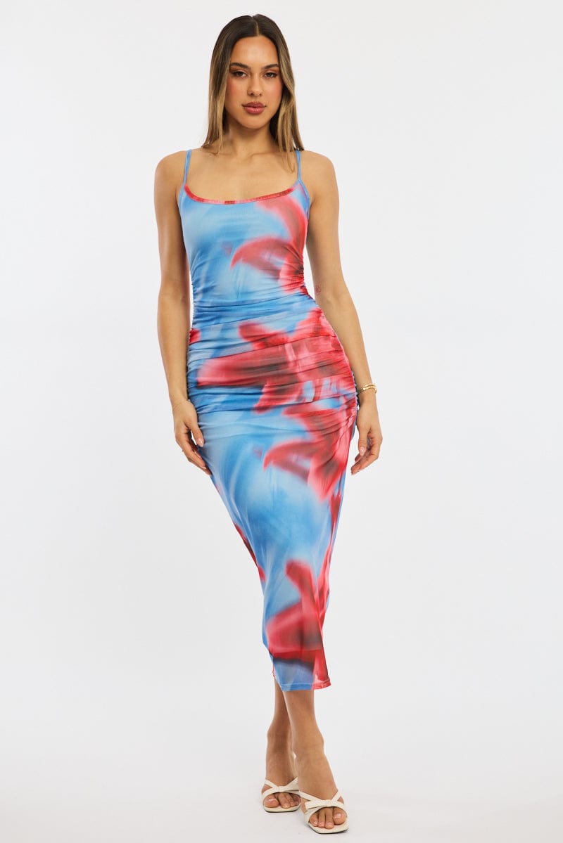 Blue Floral Bodycon Dress Tank Top Mesh