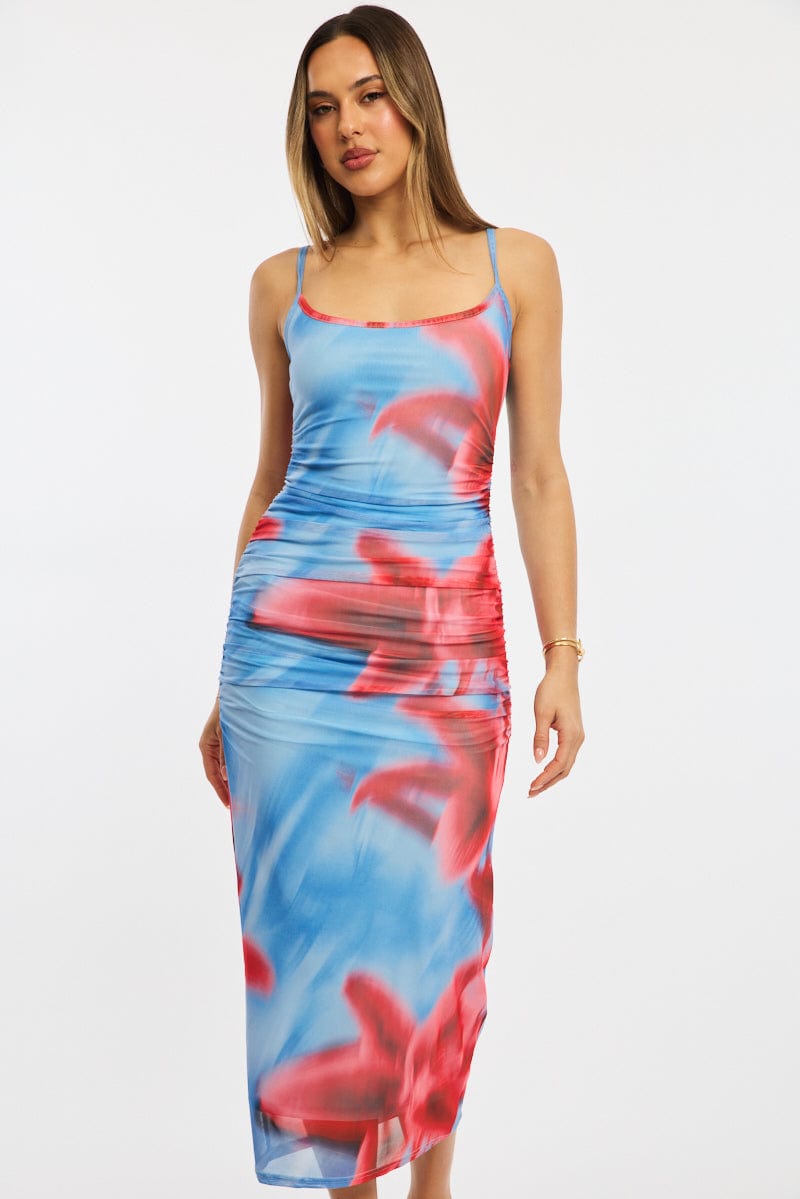 Blue Floral Bodycon Dress Tank Top Mesh