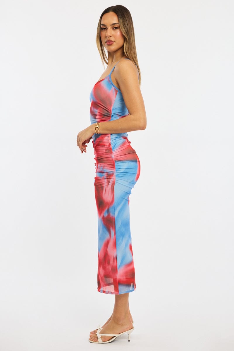 Blue Floral Bodycon Dress Tank Top Mesh