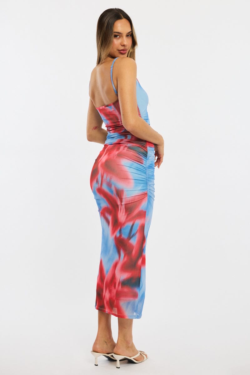 Blue Floral Bodycon Dress Tank Top Mesh