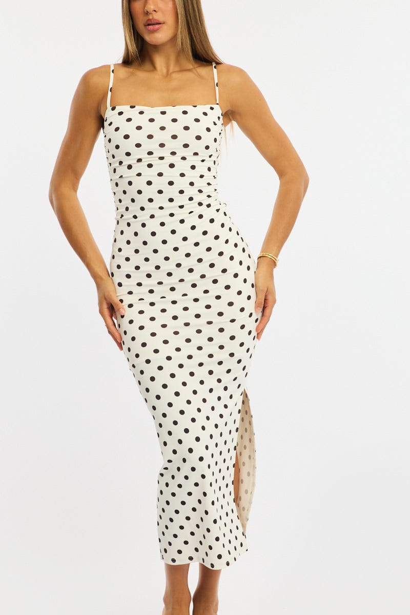 White Polka Dot Bodycon Dress Maxi