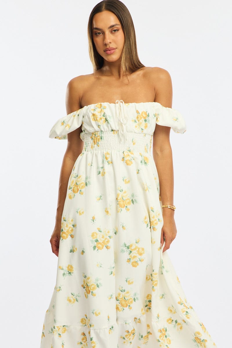 Yellow Floral Maxi Dress Puff Sleeve