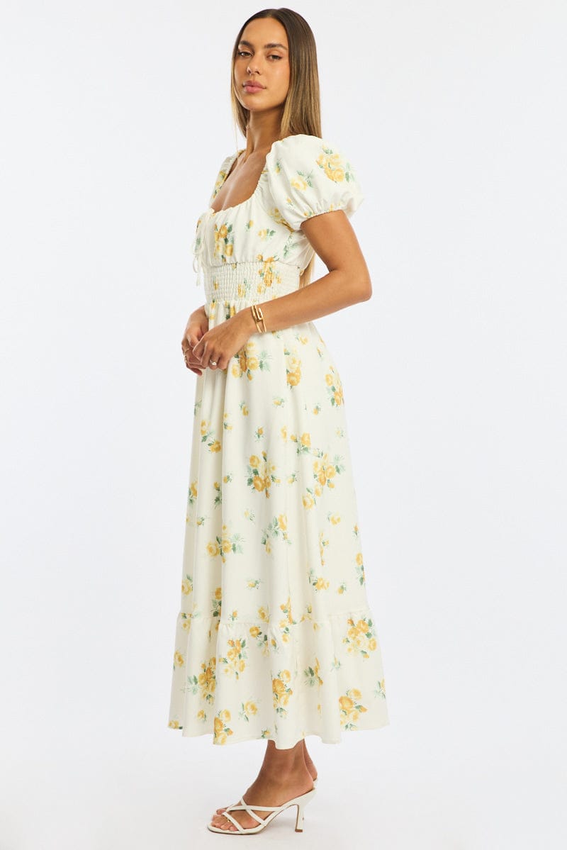 Yellow Floral Maxi Dress Puff Sleeve